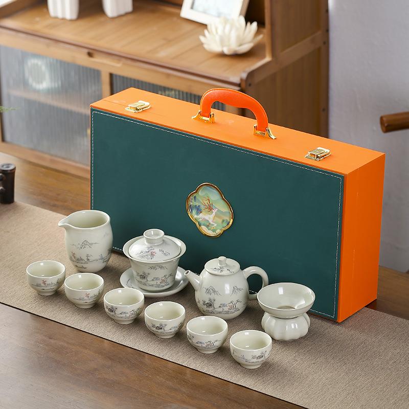 高端汝窑茶具礼盒陶瓷功夫茶套装山水茶壶盖碗茶杯高档节庆礼品