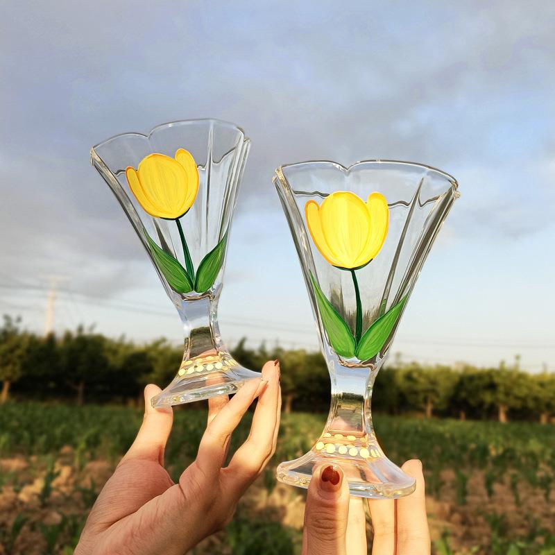 法国中古杯高脚玻璃杯手绘郁金香冰激凌奶昔杯热卖酒杯饮料杯