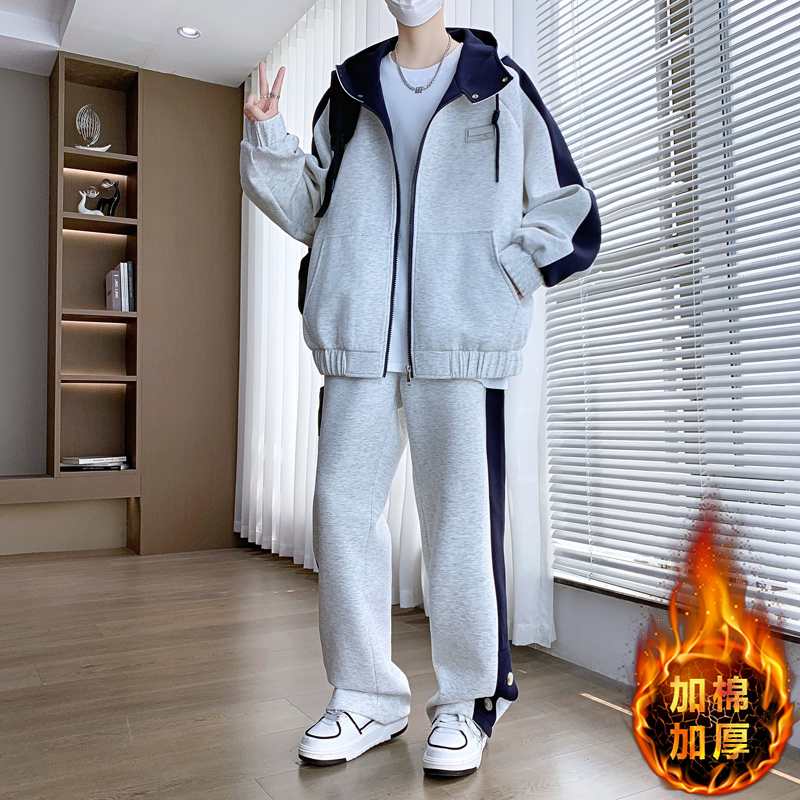 青少年新款春秋季棒球服外套男加厚羽绒服初高中学生潮流帅气套装