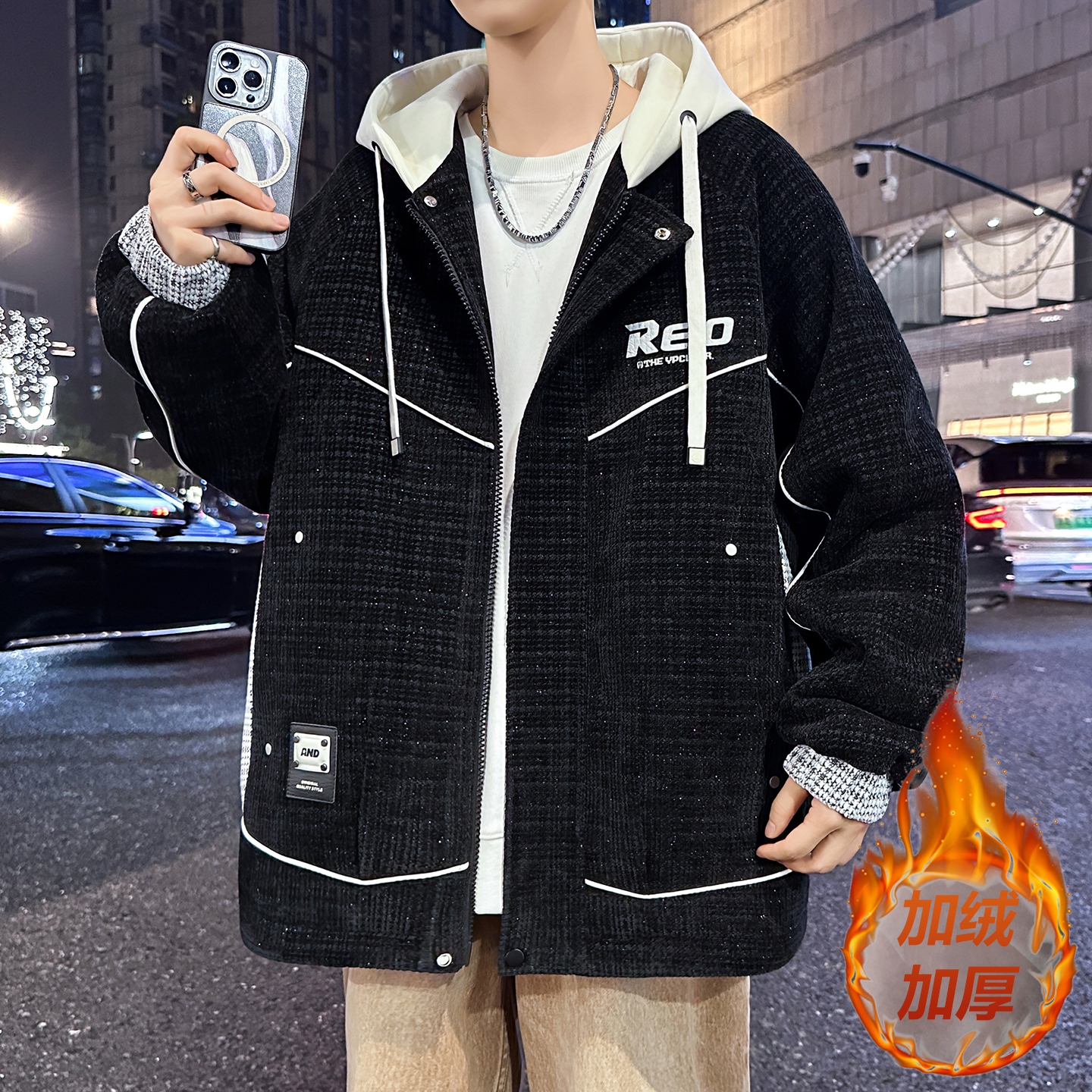 秋冬季加绒外套男孩初中高中学生加厚棉衣青少年帅气大童羽绒服潮