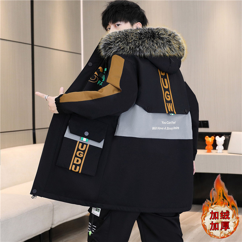 中长款连帽羽绒服男冬季加绒加厚派克服潮外套青少年休闲保暖棉衣