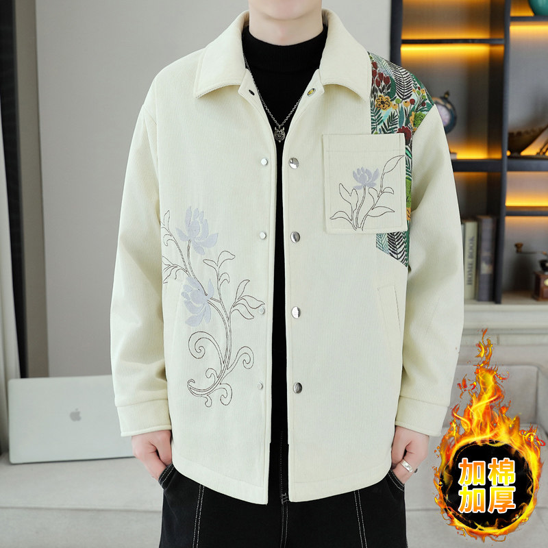 外套男士秋冬季民族风翻领2024新款潮牌夹棉上衣服青年保暖羽绒服