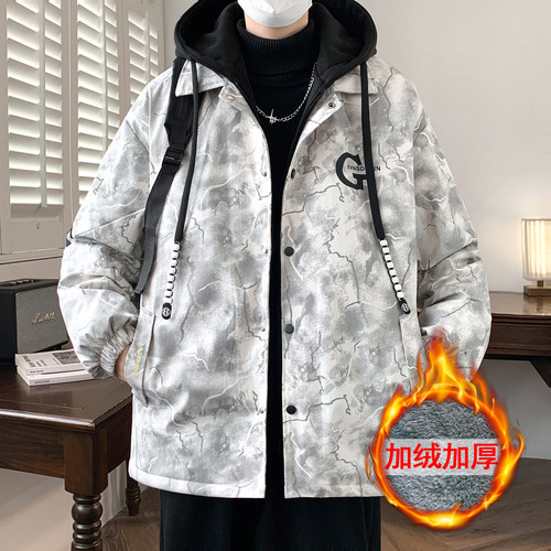 假两件羽绒服男冬季加厚保暖加绒外套学生休闲宽松港风户外冲锋衣