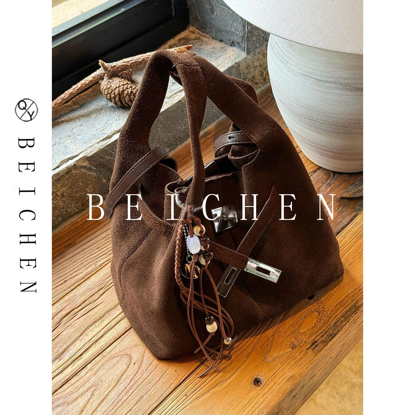 复古磨砂麂皮菜篮子手提包