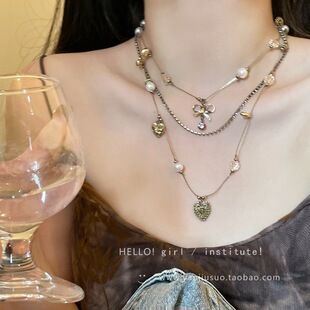 古着vintage爱心项链配饰女新款 锁骨链复古多层叠戴颈链 2024爆款