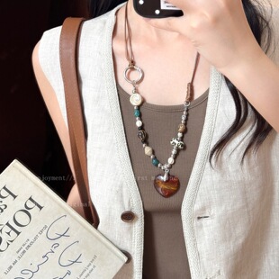 挂脖配饰 超火毛衣链复古长款 新中式 天然石爱心串珠项链女2025新款