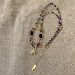 法式 复古时髦小众天然石彩色串珠日出蘑菇吊坠项链女毛衣链高级感