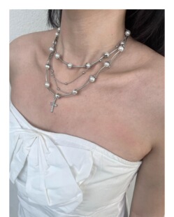 多层叠戴法式 珍珠十字架复古设计感ins锁骨链气质高级感颈链百搭