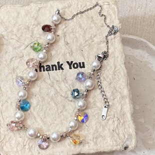 夏日多巴胺彩色水晶珍珠项链女2025年新款 小众甜美设计感锁骨链