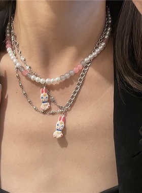 INS可爱珠子兔子项链 甜酷双层叠戴钛钢气质时尚锁骨链个性毛衣链