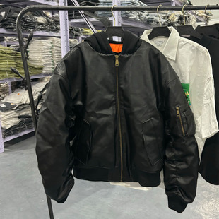 2025冬季新款时尚潮牌男装pu皮假两件连帽保暖棉服外套上衣