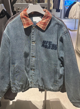 WLJZWFJTUR2025冬季男装宽松翻领拼接格纹牛仔棉衣外套UUV850054