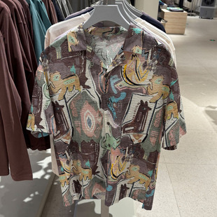 WLJZWFJTUR男装2025夏季款休闲度假风印花宽松短袖 衬衫UML250039