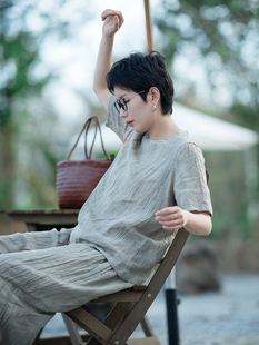 「清仓」文艺棉麻女夏季砂洗肌理亚麻T恤女拼色宽松短袖复古小衫