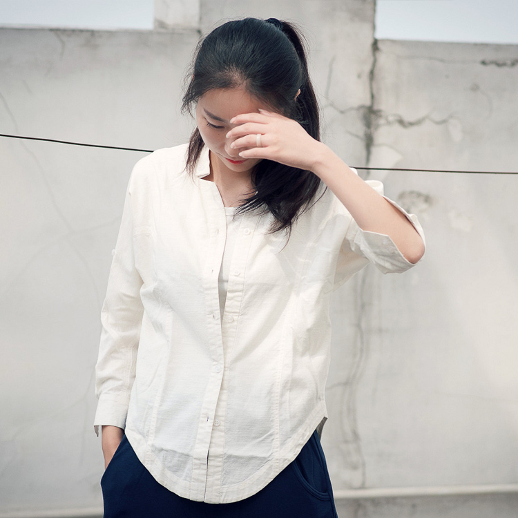 WUTELA{清仓}春夏小V领衬衫亚麻衬衣长袖棉麻防晒服文艺开衫T恤女