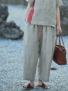 「清仓」棉麻女肌理亚麻阔腿裤女松紧腰宽松奶奶九分裤显瘦气球裤