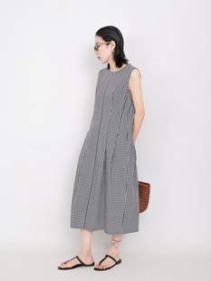 「清仓」夏季纯棉黑白小格子连衣裙无袖背心裙超长款花苞裙显瘦女