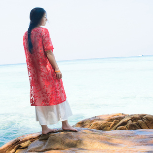 WUTELA{清仓}夏季蕾丝连衣裙假两件宽松长裙文艺简约A字裙显瘦女