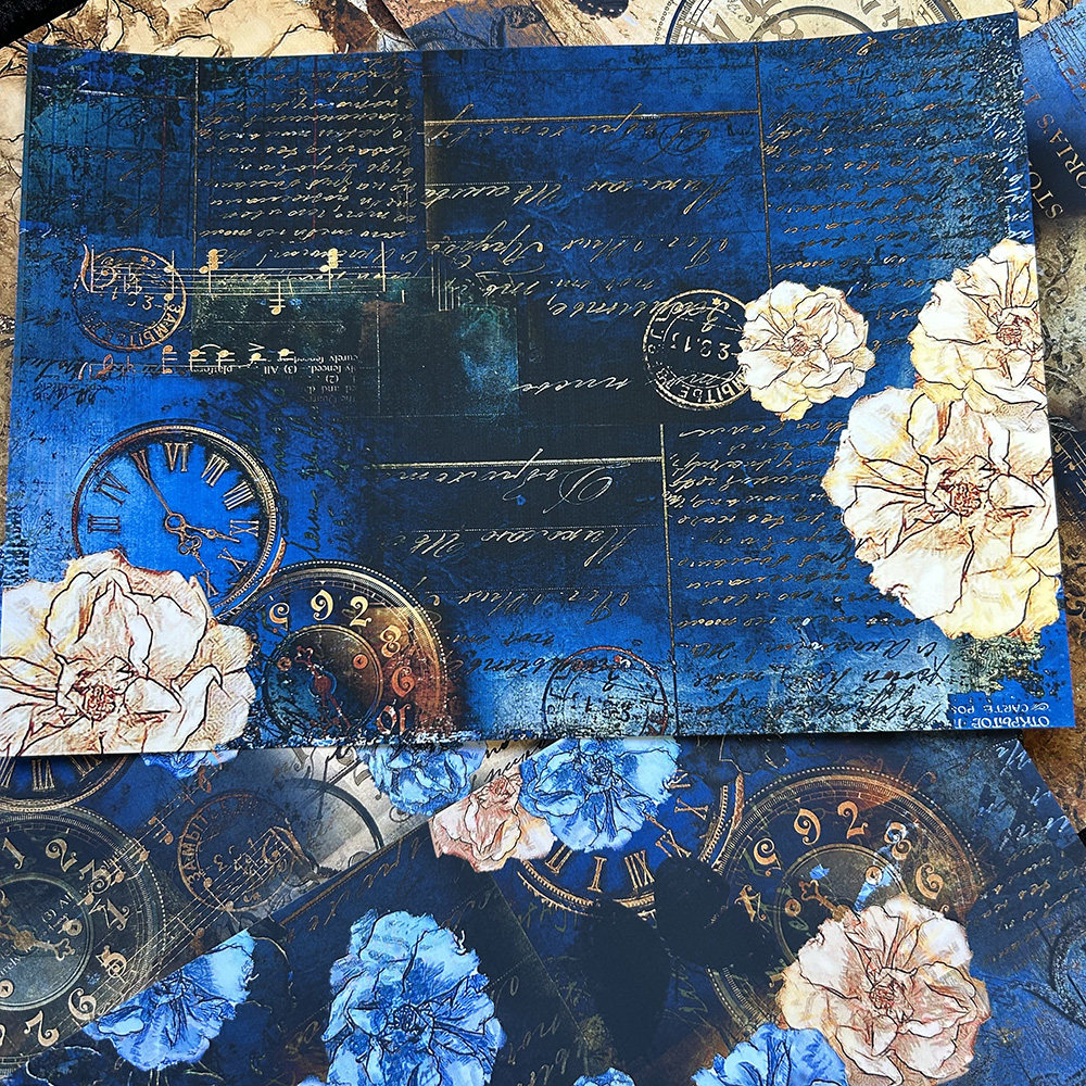 复古蓝调背景纸手账英文字蝴蝶花卉diy装饰小众吧唧扎痛包素材纸