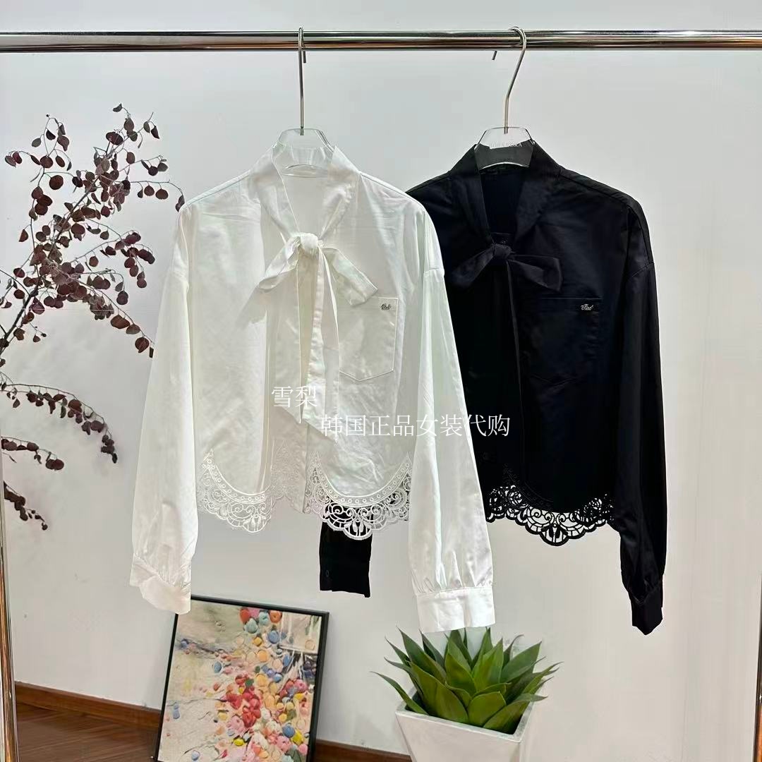 现货 T.21正品女装代购2025秋款净色系带立领侧口袋蕾丝长袖衬衫