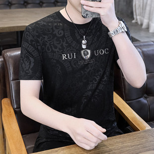 圆领薄款 碎花上衣体恤衫 透气冰丝短袖 韩版 t恤男暗花镂空半袖 夏季