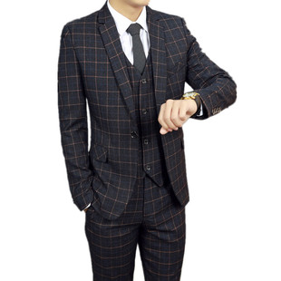 男士韩版修身西服套装三件套新郎结婚礼服商务正装休闲格子小西装