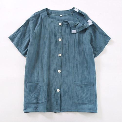 输液港专用衣服透析picc置管专用上衣男纯棉纱袖子开口睡衣夏季薄
