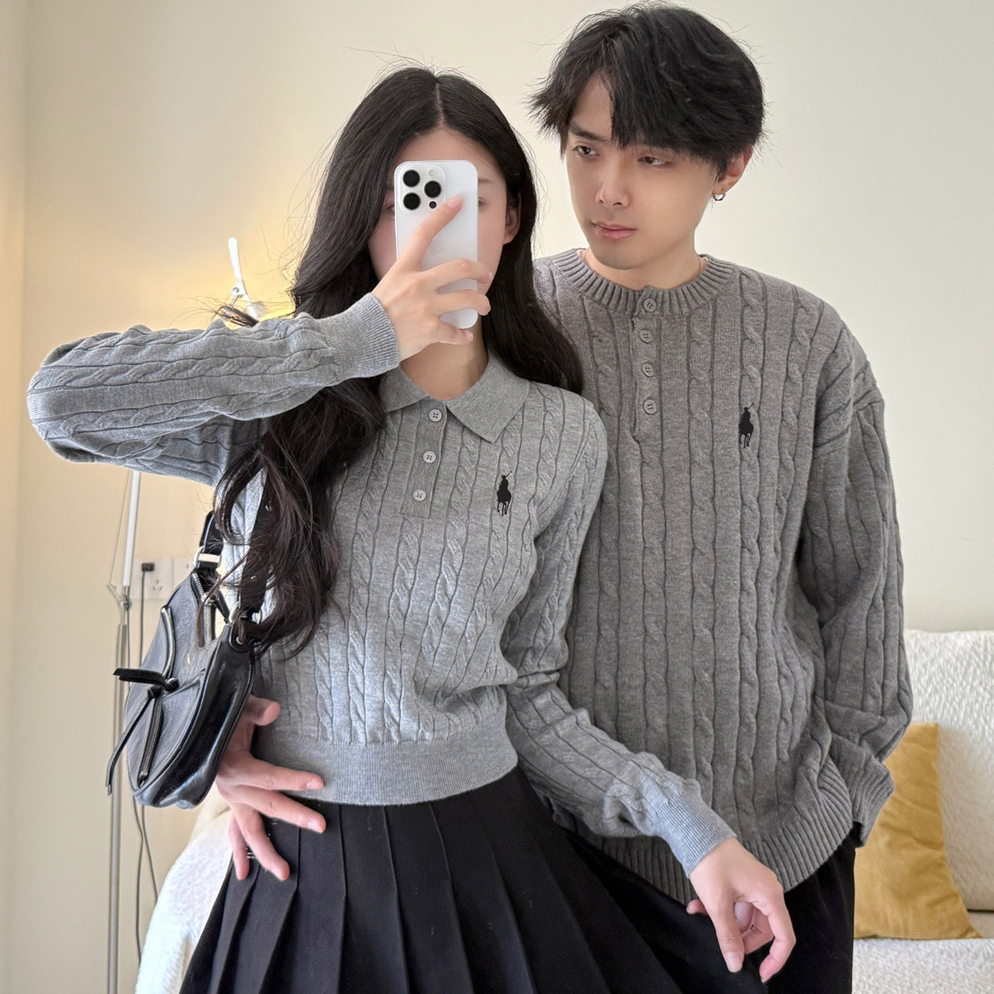 情侣装韩系麻花针织衫灰色气质显瘦毛衣女秋冬装新款套装裙高级感