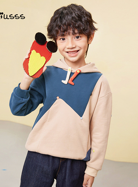 Viciusss男童拼色卫衣冬季新款儿童连帽套头撞色时尚洋气上衣