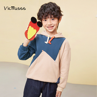 Viciusss男童拼色卫衣冬季新款儿童连帽套头撞色时尚洋气上衣