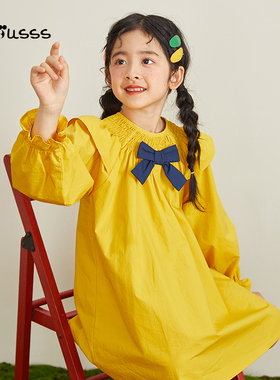Viciusss女童甜美蝴蝶结公主裙春秋新款洋气宽松纯棉圆领连衣裙