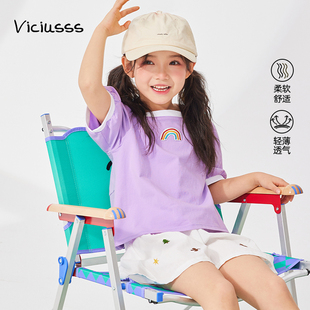 Viciusss夏季 t恤可爱甜美彩虹儿童休闲上衣 新品 女童方领短袖