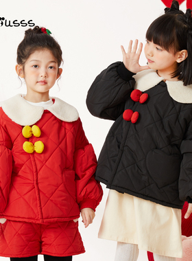 viciusss女童棉服红色新年2025新款仿羊羔毛棉袄儿童黑色棉衣外套