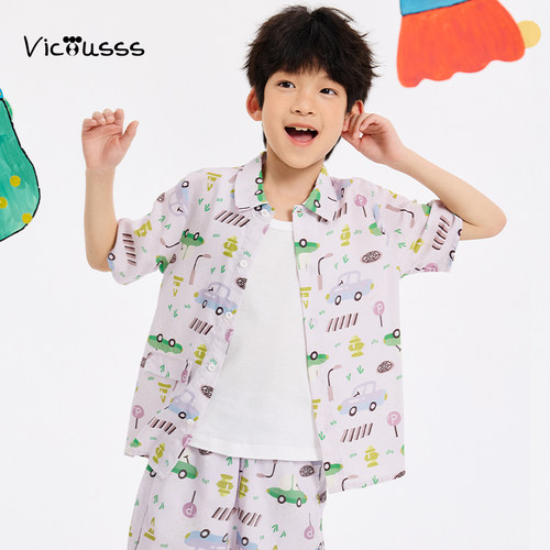 viciusss男童短袖衬衫小少爷帅气