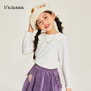viciusss丸社女童长袖T恤新款春秋儿童洋气打底衫女孩娃娃领上衣