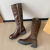 长筒靴女粗腿围复古显瘦侧拉链大码 长靴41到43大筒围侧拉链骑士靴