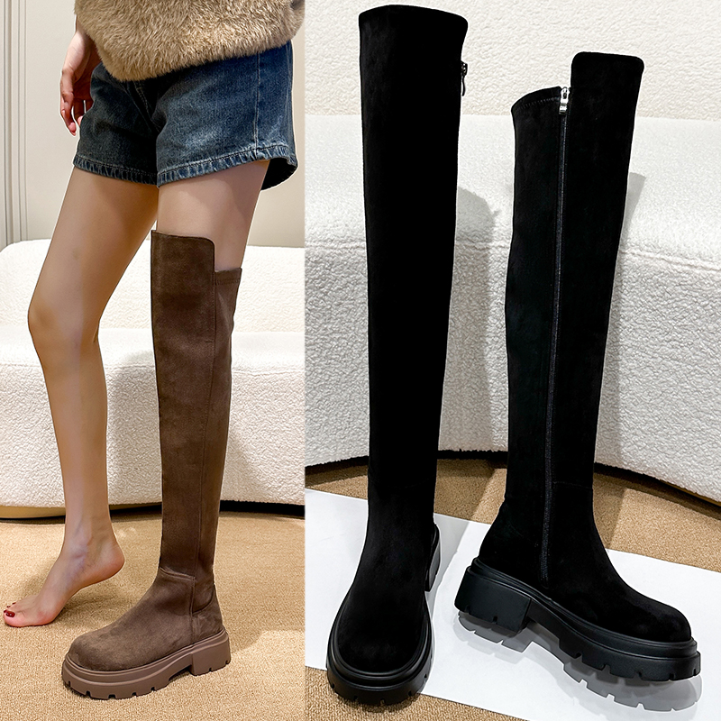 粗跟长靴大筒围粗腿过膝靴