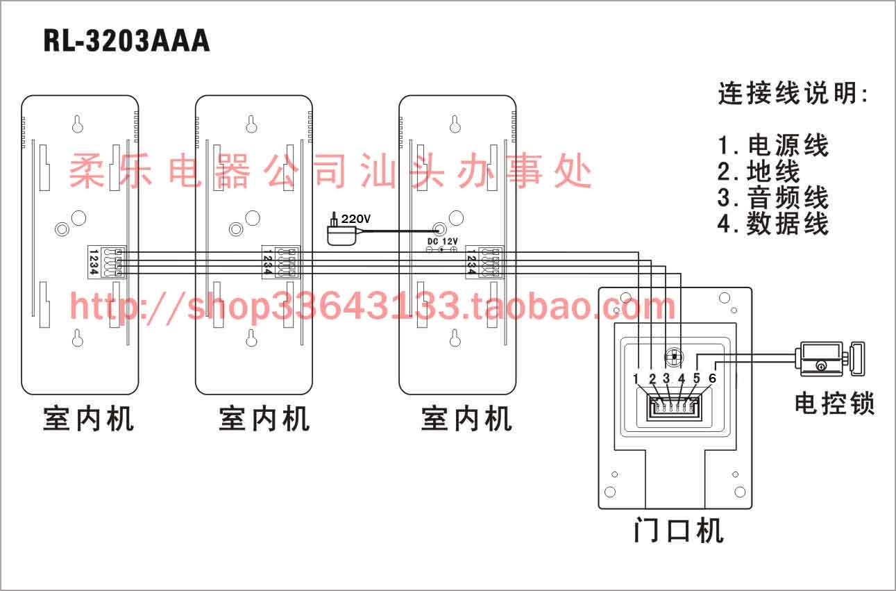 柔乐有线一拖三对讲门铃非可视楼宇家用内部电话机系统RL-3203AAA