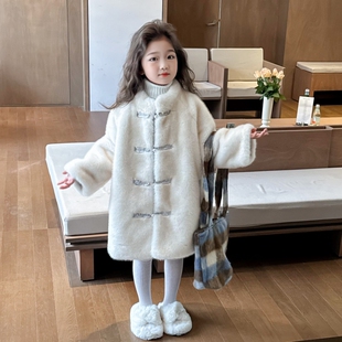 盼盼熊女童水貂绒仿皮草外套儿童冬装大衣中式风棉衣毛毛衣拜年服