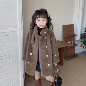 盼盼熊女童皮草大衣皮毛一体外套冬儿童仿水貂绒毛毛衣女孩中长款