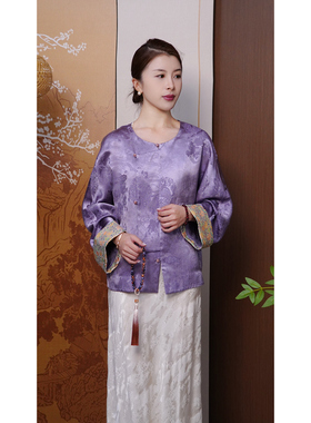 新中式国风重磅提花外套女春秋气质复古盘扣唐装上衣EPL10067