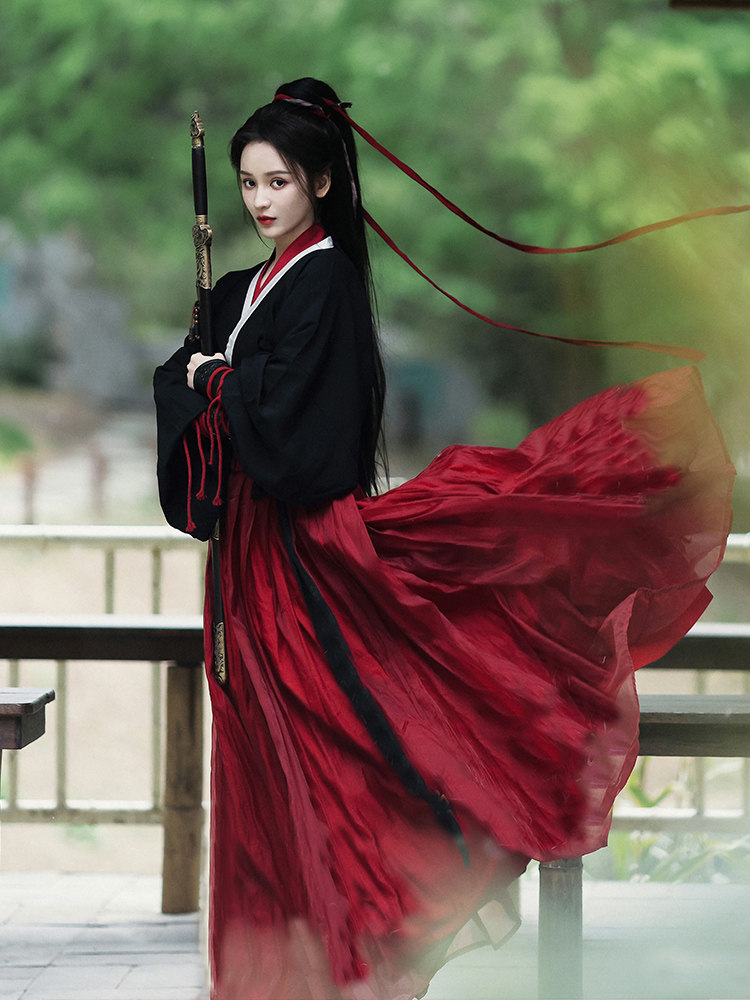 위진 남조 고대 의상 HANFU 검정 빨강 잘생긴 무술 여성 스타일 넓은 소매 크로스 칼라 허리 길이 스커트 2024 새로운 스타일
