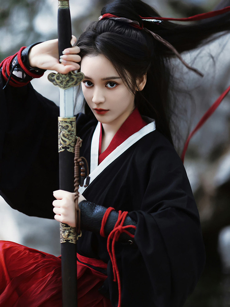 위진 남조 고대 의상 HANFU 검정 빨강 잘생긴 무술 여성 스타일 넓은 소매 크로스 칼라 허리 길이 스커트 2024 새로운 스타일