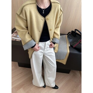 北欧博主 撞色明线设计感两面穿围巾羊毛双面呢大衣 SN8056