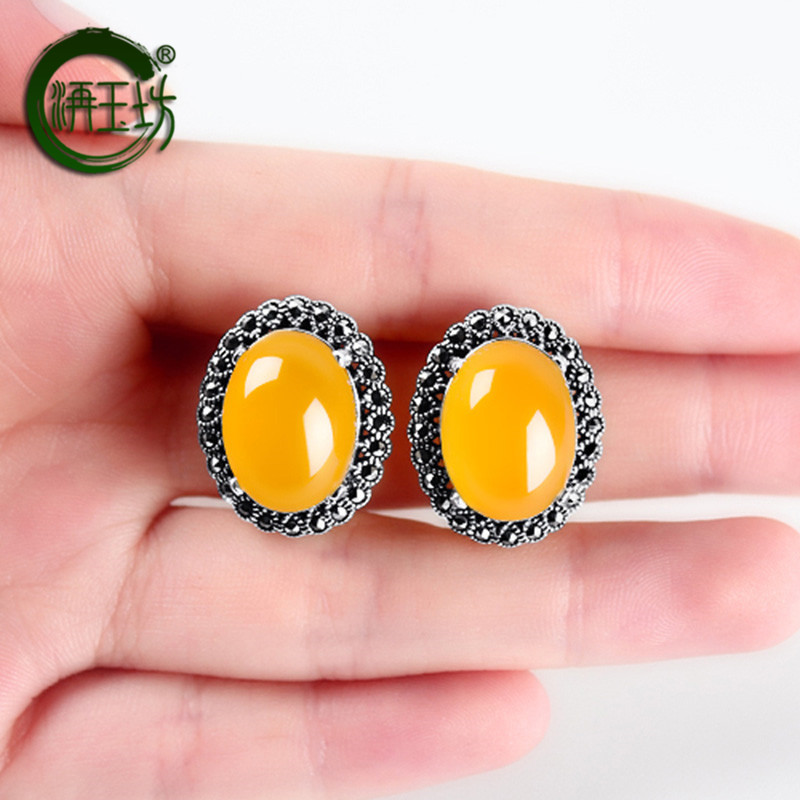 Taiyin yellow green chalcedony Agate Earrings earrings earrings ear clasps retro elegant Earrings ear clip womens national style