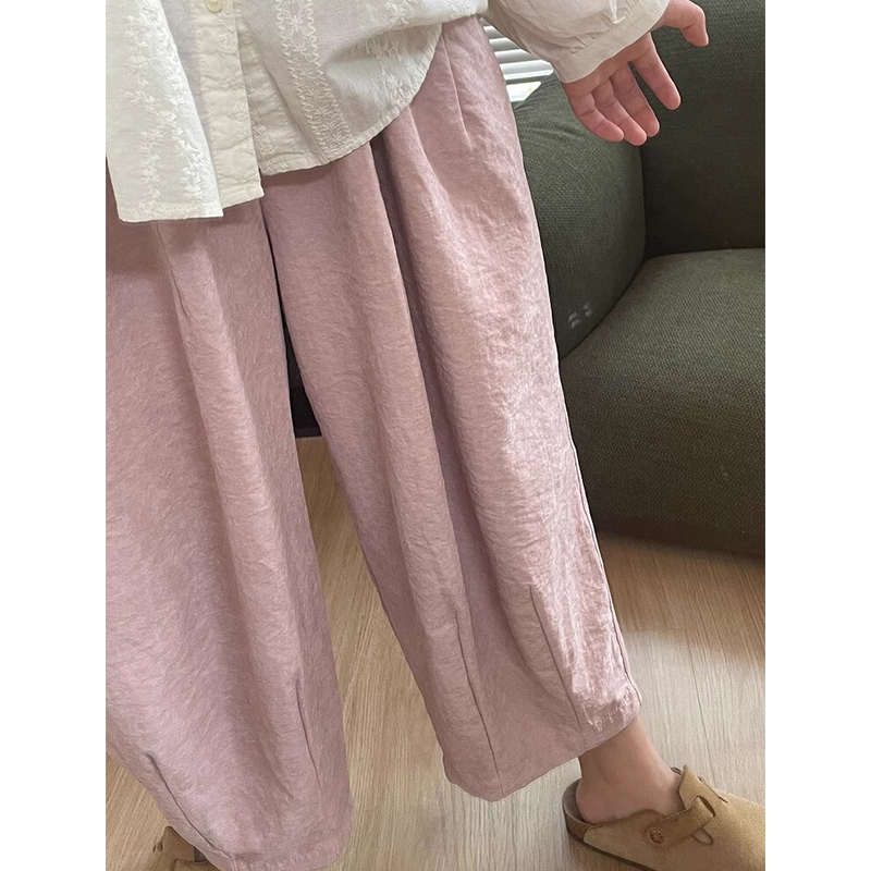 藕粉色日系九分休闲裤女夏季薄款大码胖mm高腰显瘦宽松阔腿气球裤