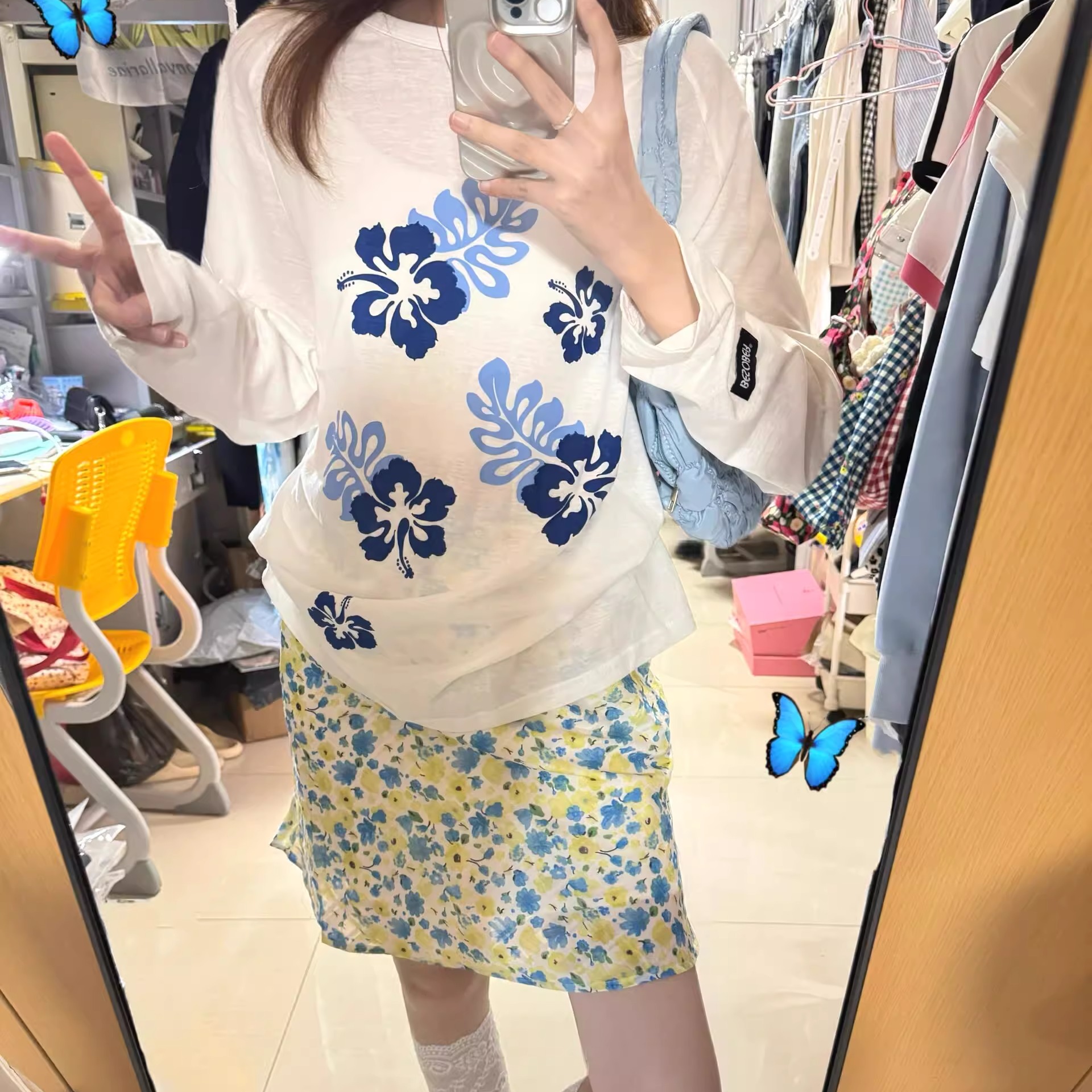 2025新款夏日ootd穿搭印花白色长袖t恤上衣女宽松薄纱款防晒罩衫