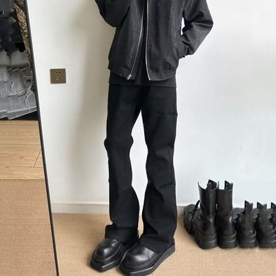 美式vibe风裤子高街纯黑色修身微喇牛仔裤男款显高直筒裤秋季日系