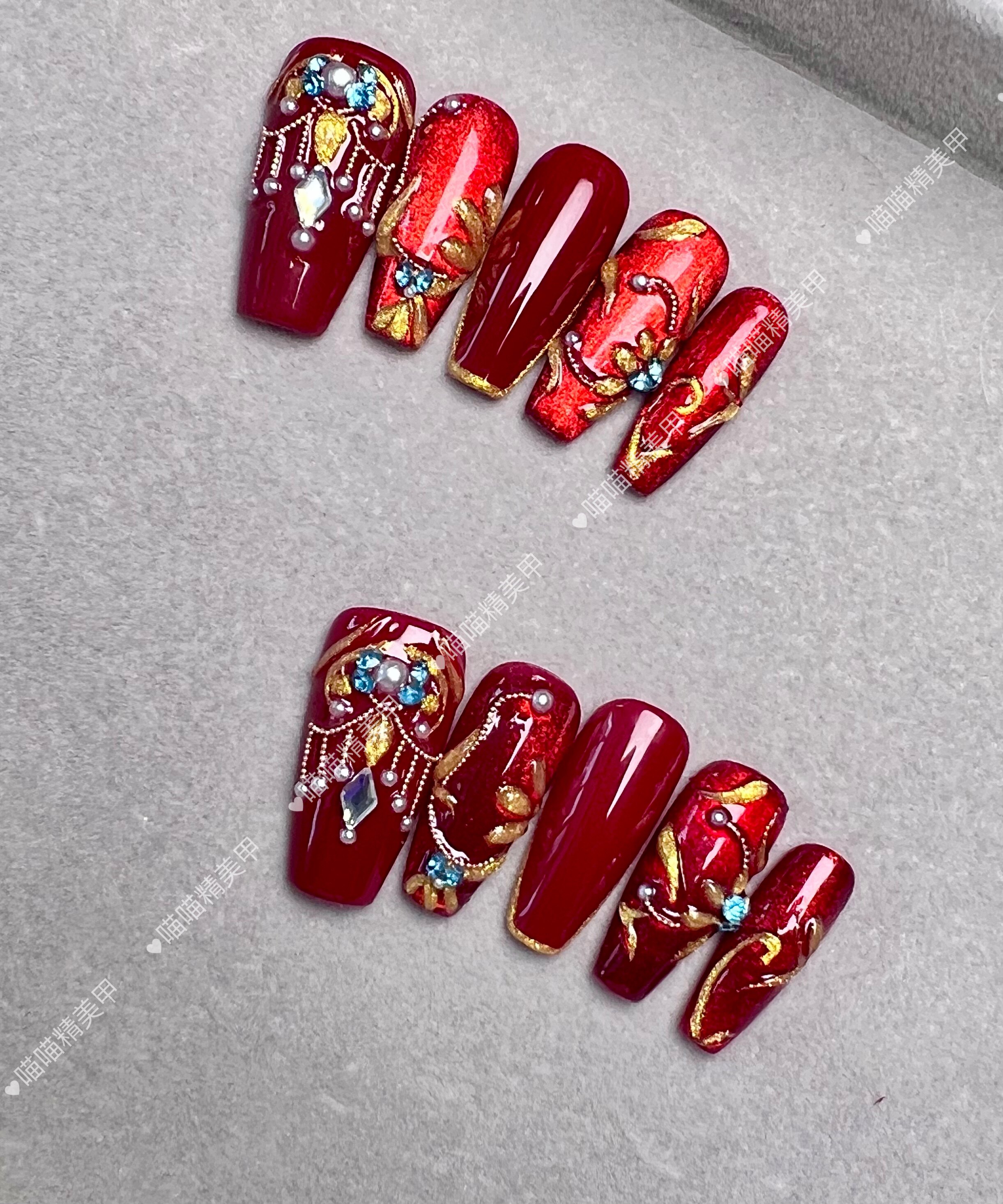 穿戴甲新娘婚甲中式绣禾婚甲红色立体彩绘