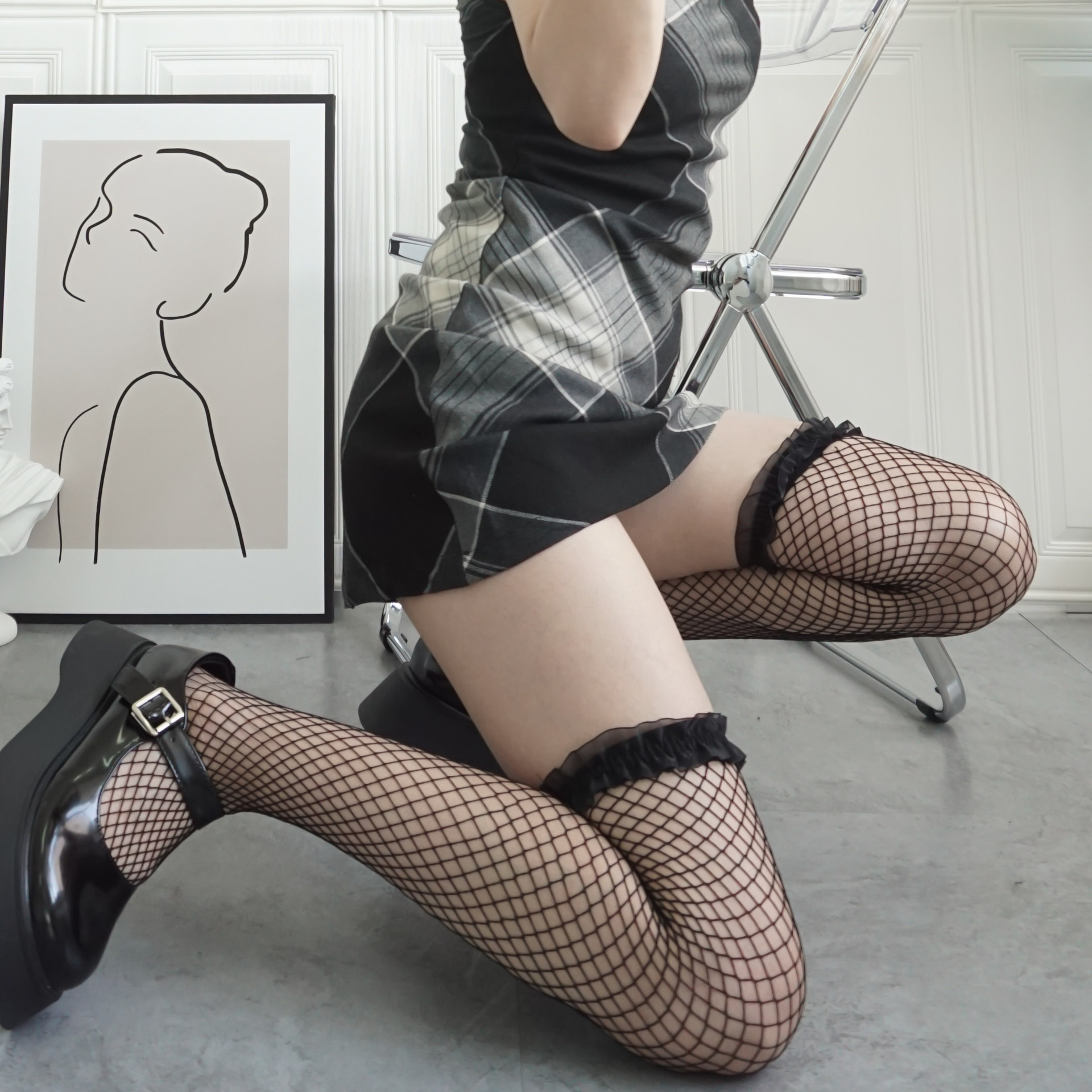 日系甜美性感小腿袜镂空渔网袜少女木耳花边过膝袜jk制服长筒袜女